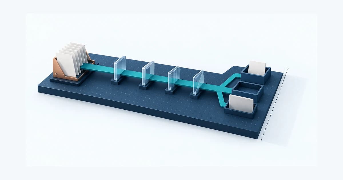 A lender-research workbench routes source evidence through four screening gates into three separate shortlist bays before a lender decision.