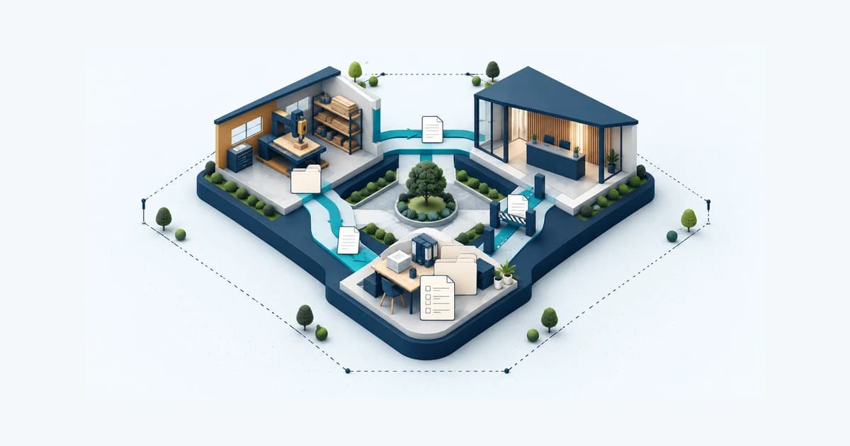 A small workshop courtyard connects equipment needs to an intermediary review and a separate preparation-help bench while the loan route stays gated.