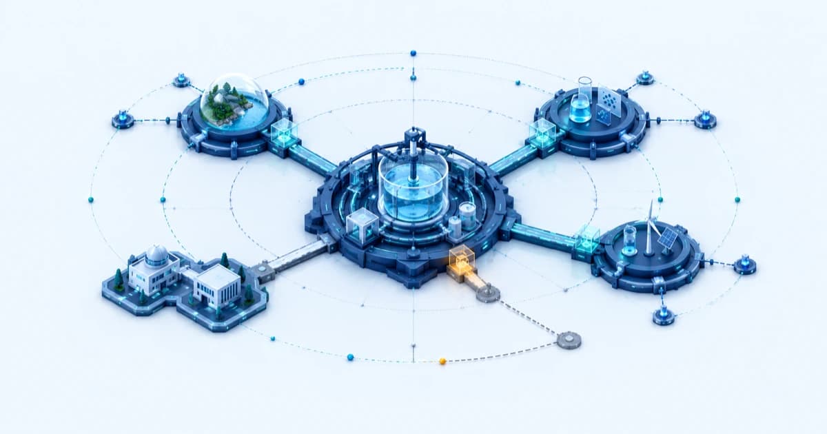 An experimental research core meets separate mission-fit gates, with one incomplete route and a distinct research-partner dock.