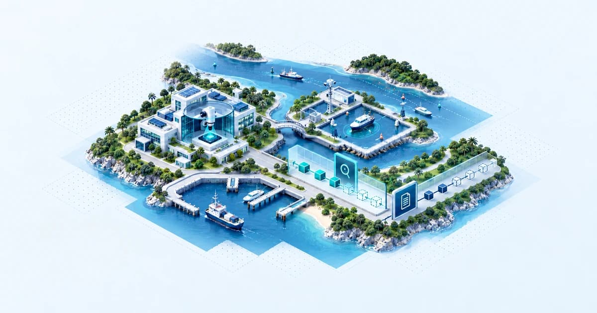 A Singapore island research diorama separates a sensor laboratory from field validation, with milestone and ownership-rights boundaries.