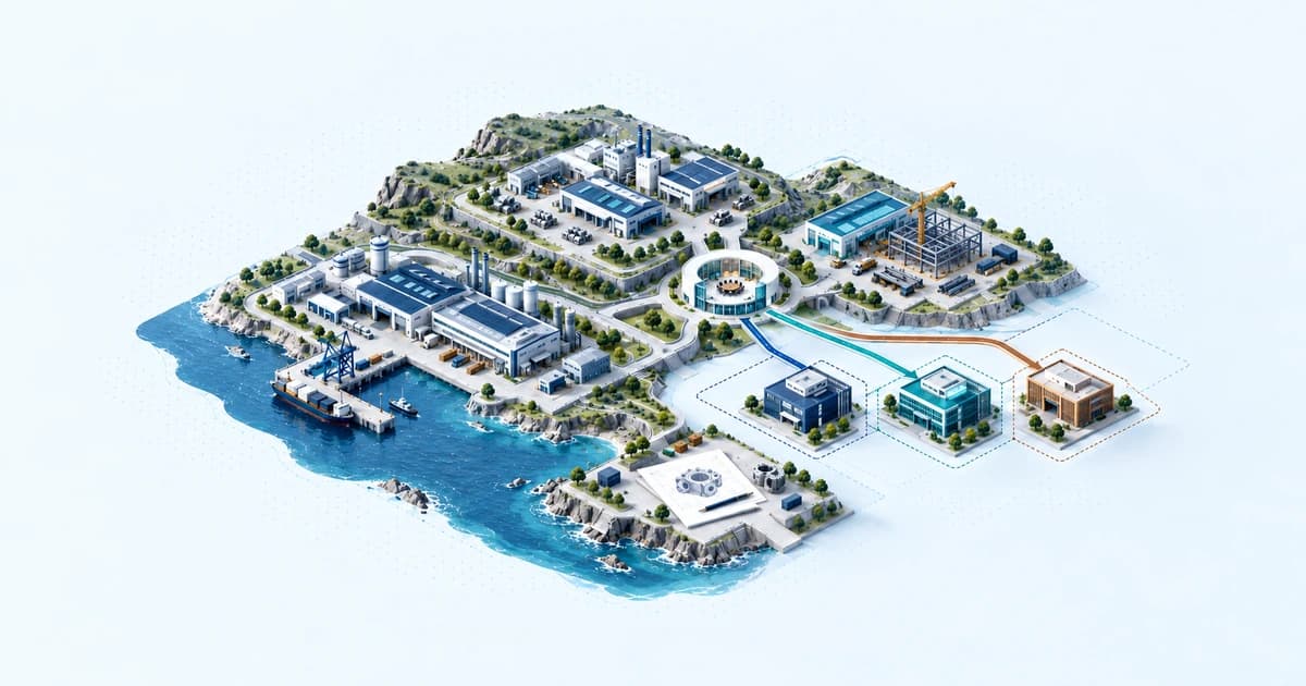 A South African coastal industrial atlas connects machinery and workshop projects to a sector consultation court through separate instrument routes.