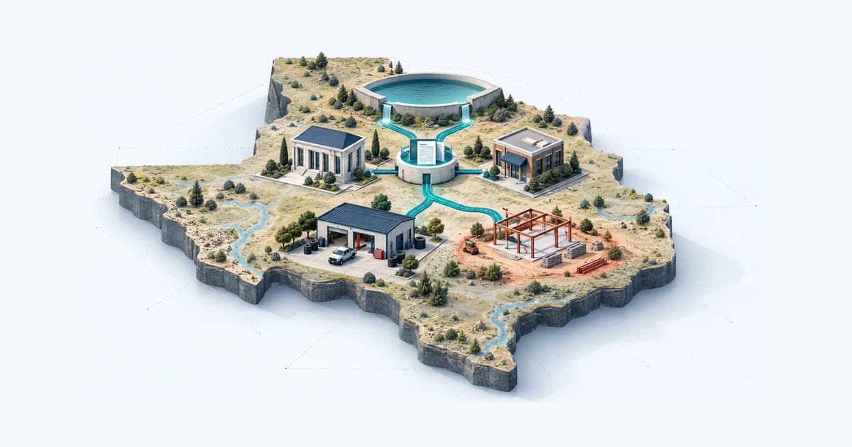 A Texas-shaped business landscape links two repair locations to lender routes, with a reserve-support basin separate from the borrower path.