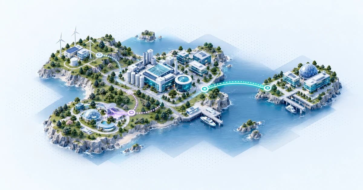 An island innovation district connects an industrial research workshop to a cross-water partner while separate challenge routes remain visibly distinct.
