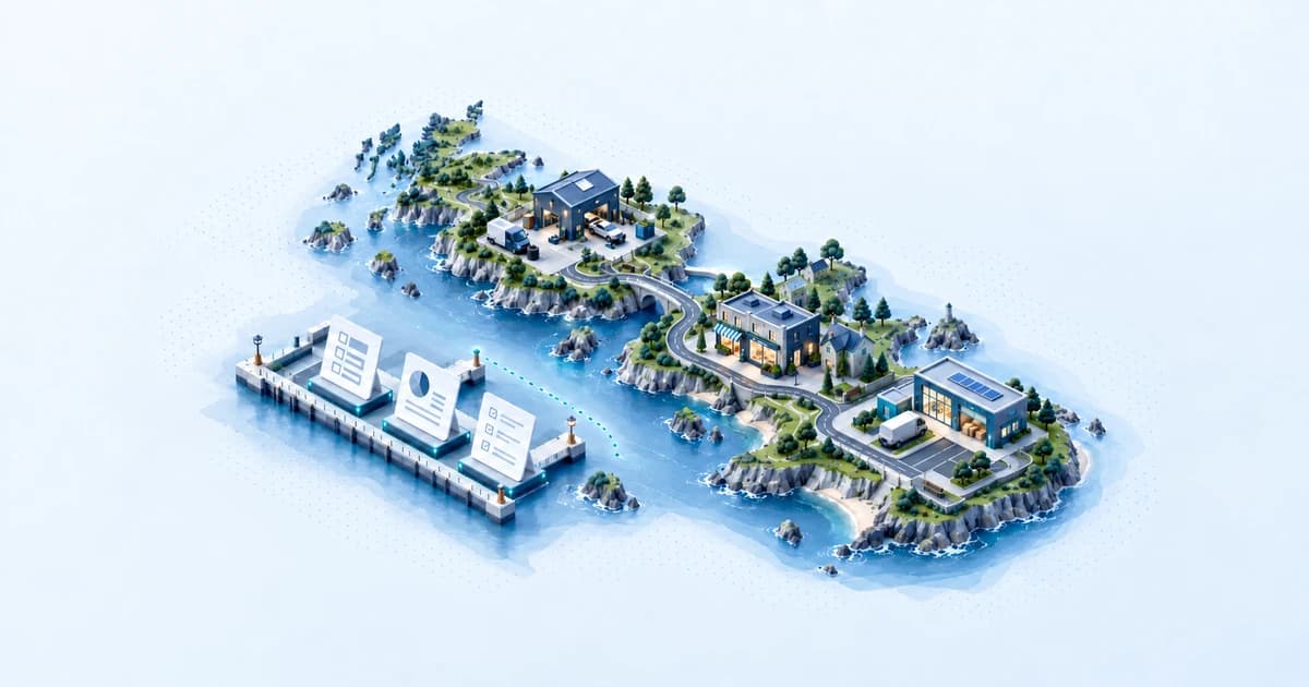 A British island diorama connects repair and retail businesses to a preparation dock with a separate borrower-obligation boundary.