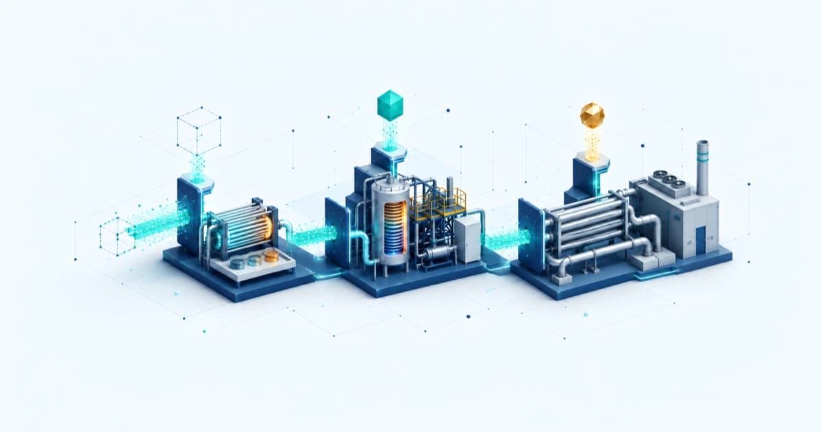 Industrial heat technology moves through separate prototype, partnered demonstration and deployment chambers with distinct funding inlets.