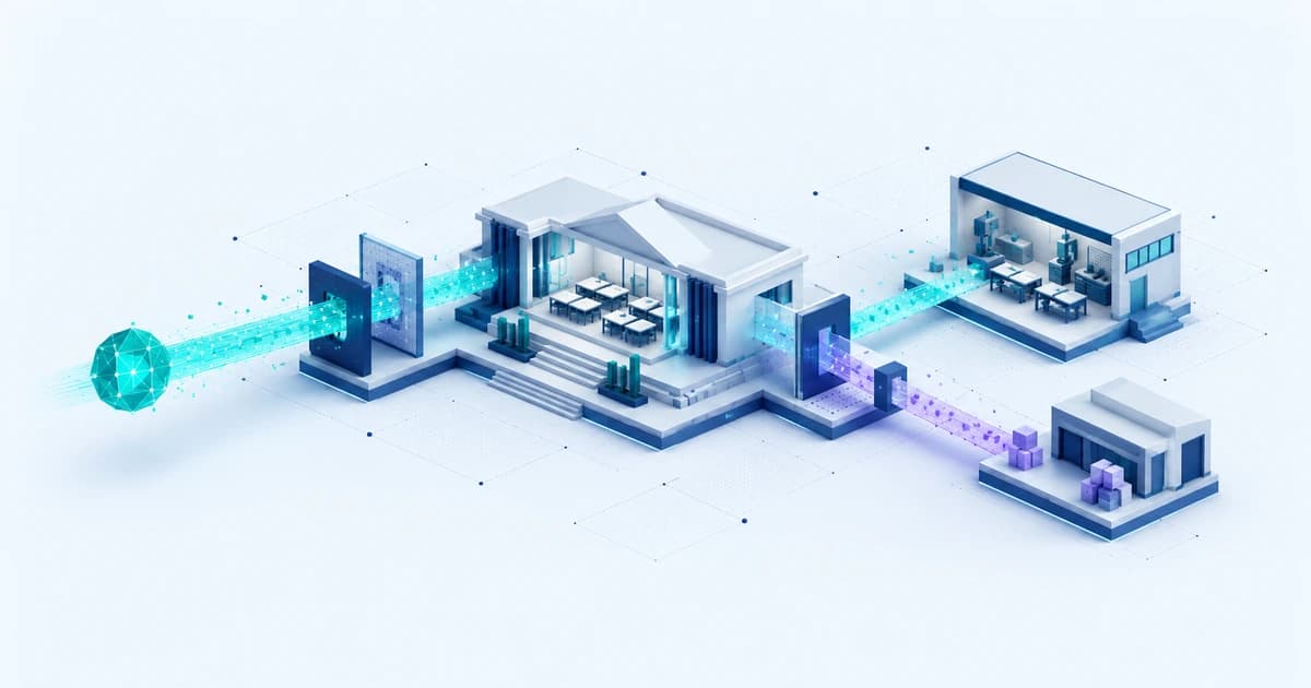 An institutional learning hall connects to a workforce training bay and a separate supplier route through evidence-review boundaries.