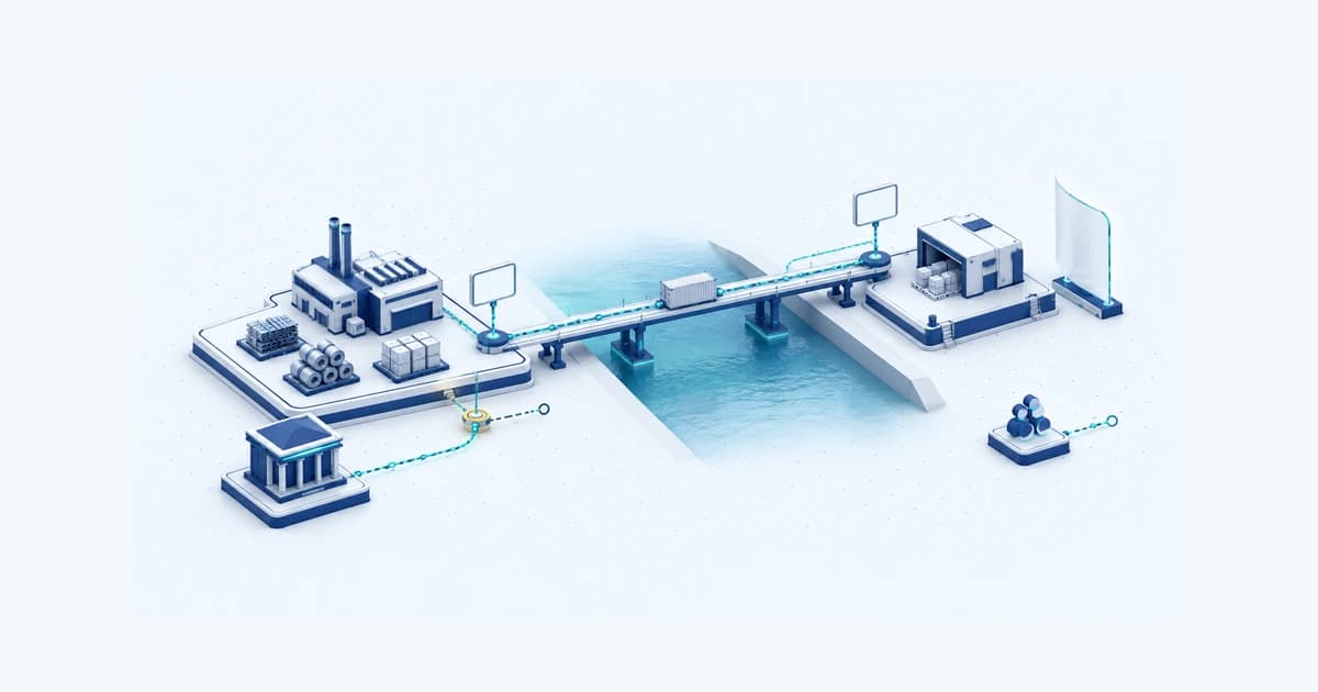 An export bridge links production and delivery, with separate financing review, insurance and assistance routes beside it.