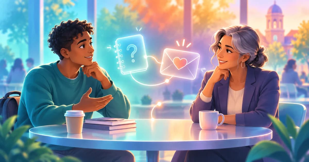 A student and an alum sharing questions and a thank-you follow-up over coffee.