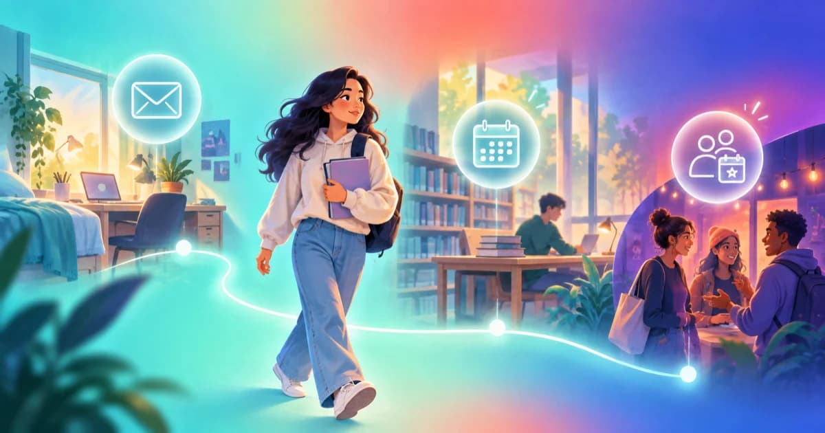 A student's campus day connected through three distinct AI teammate responsibilities.