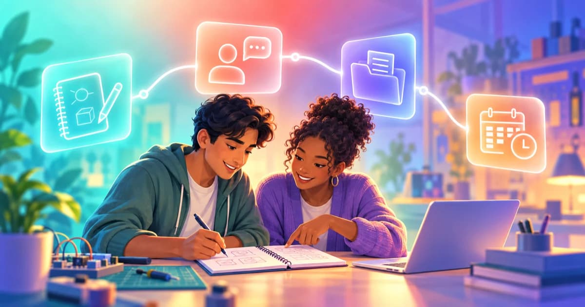 Student founders connecting a prototype notebook, mentor, campus resources and an accelerator deadline.