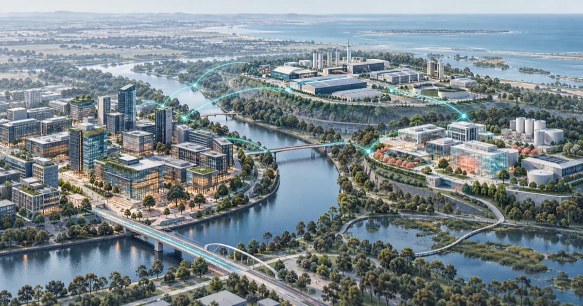 Illustrative Melbourne startup ecosystem linked by teal capital pathways