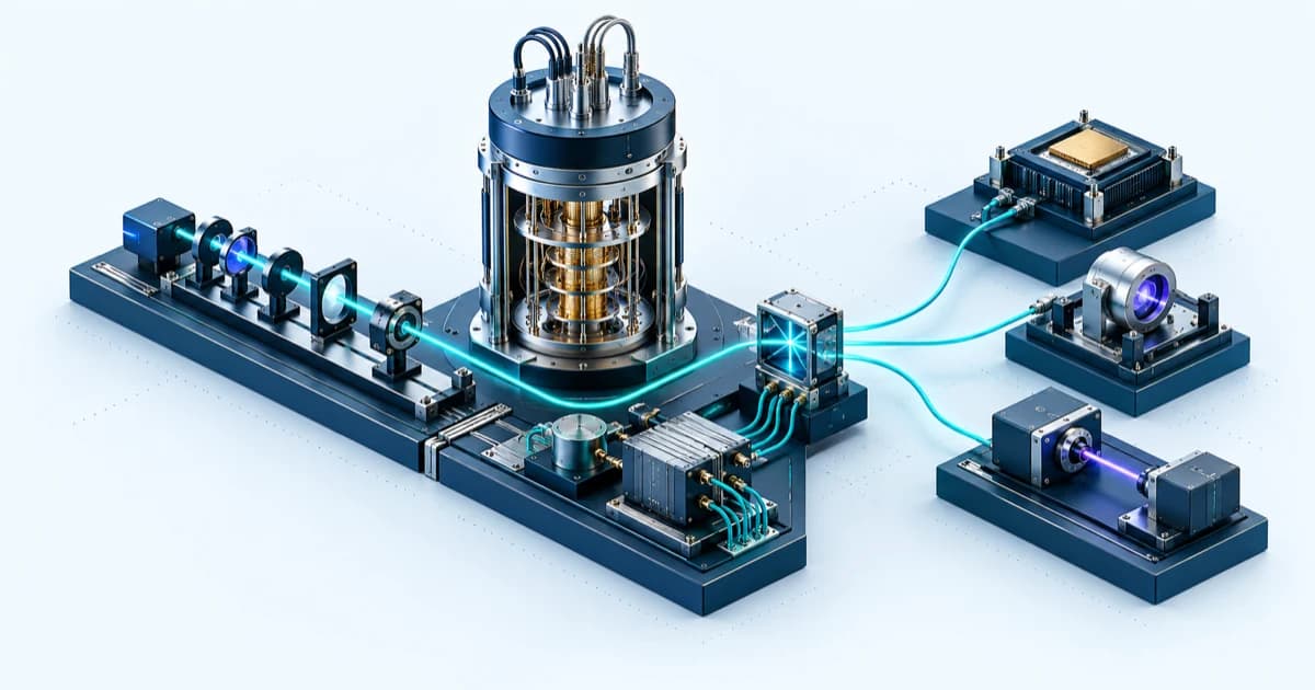 Illustrative quantum hardware and commercialization ecosystem, linked by teal capital pathways