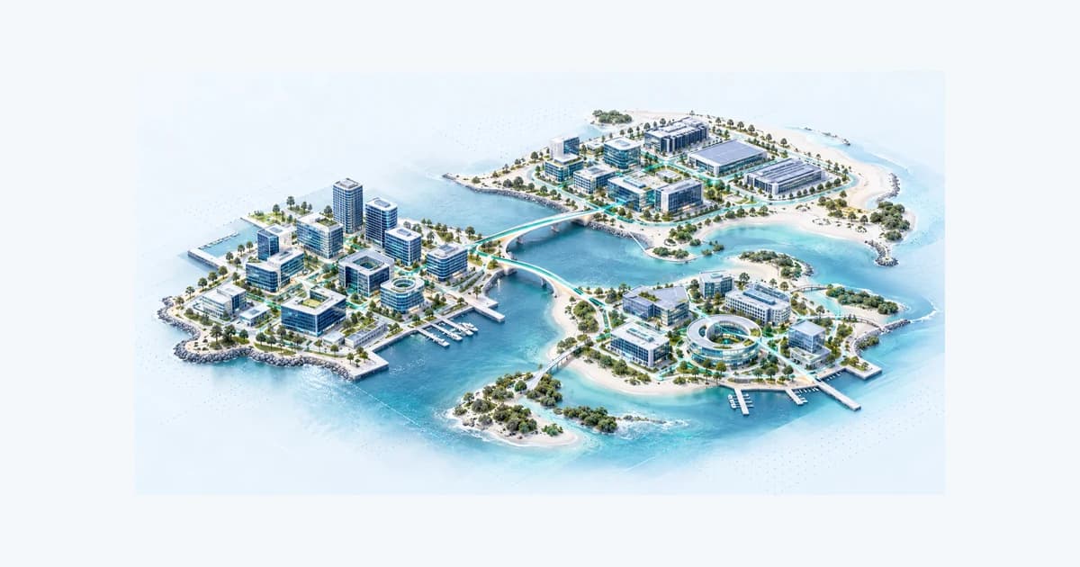 Illustrative Abu Dhabi startup ecosystem connected by teal pathways