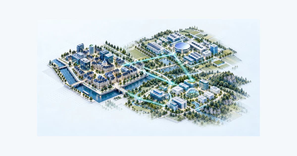 Illustrative Belgium startup ecosystem connected by teal pathways