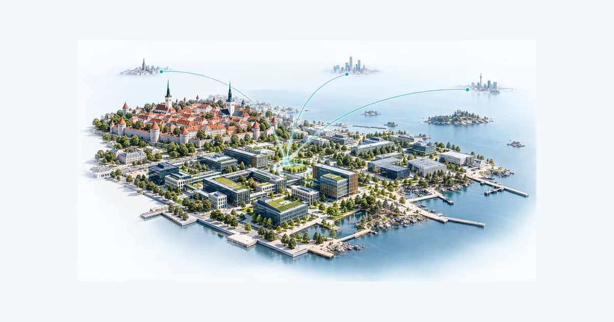 Illustrative Estonia startup ecosystem connected by teal pathways