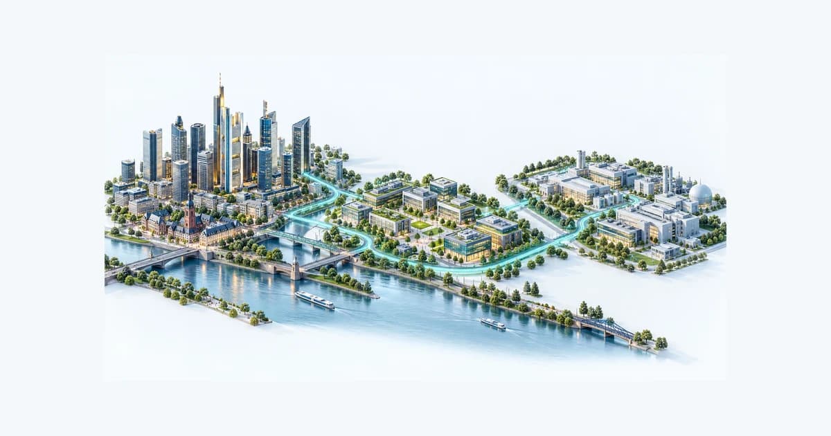 Illustrative Frankfurt and Hessen startup ecosystem connected by teal pathways