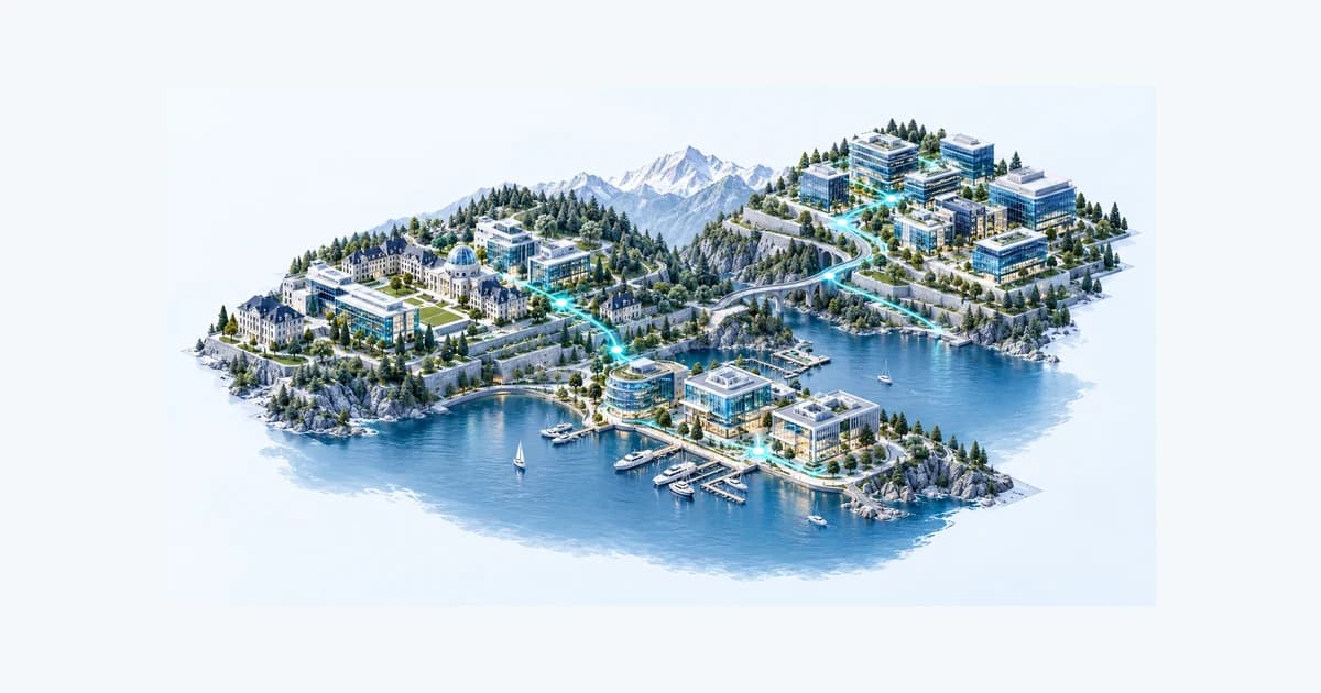 Illustrative Lausanne and Western Switzerland startup ecosystem connected by teal pathways