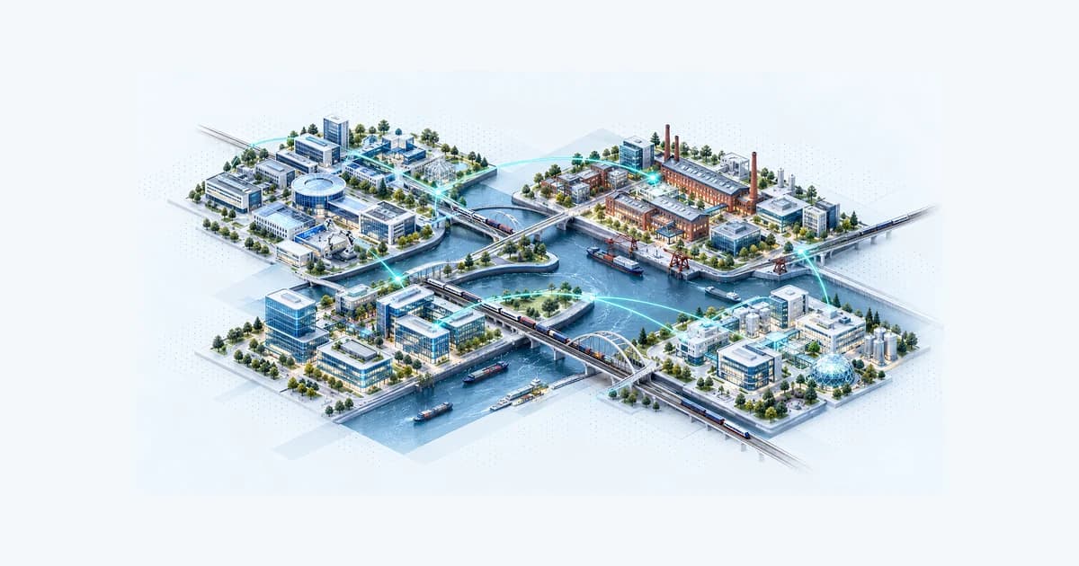 Illustrative North Rhine-Westphalia startup ecosystem connected by teal pathways