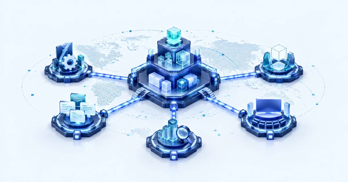 An isometric company-building platform connected to technical, mentoring, market-research, presentation, and investment-evaluation resources on a world map.