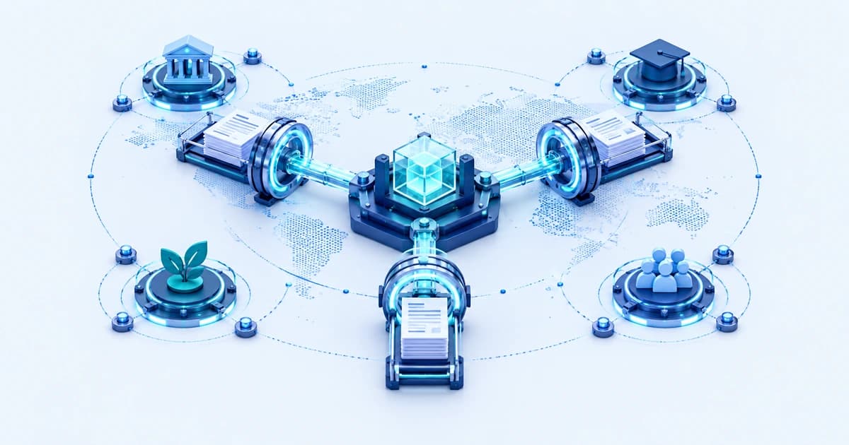 A project core connected to document-review gates and distinct grant-program hubs, illustrating source-verified project support.