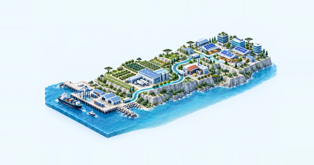Illustrated capital routes connecting African agricultural markets, decentralized energy and productive enterprises.