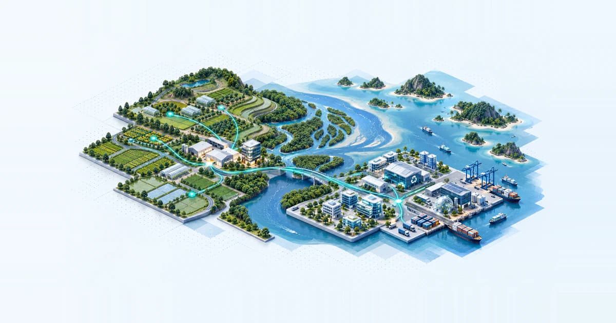 Isometric Asian agricultural and recycling enterprises connected by country-specific capital pathways along a coast and inland terraces.