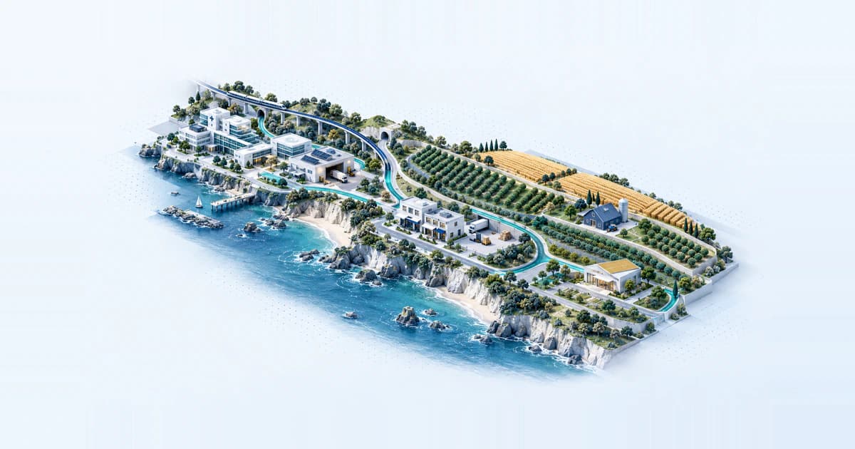 California impact-capital diorama linking technology enterprises, local businesses, farms and a community facility through separate capital paths.