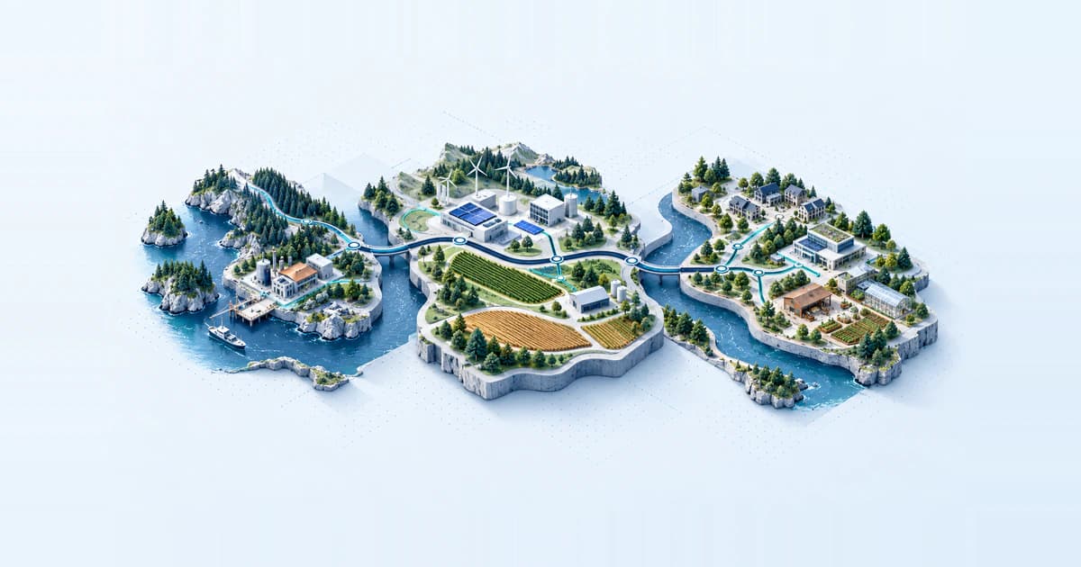 Canadian impact-capital diorama with western climate enterprise, central industry and eastern community-business clusters.