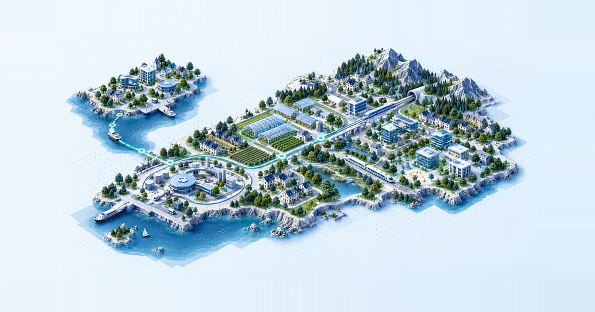 Isometric European enterprise clusters connected by capital routes, linking circular industry, agrifood innovation and community services.