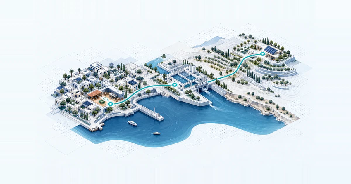 Illustrated coastal and inland network connecting small enterprises, water infrastructure and solar projects in the Middle East.