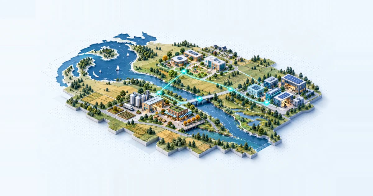 A Great Lakes and prairie enterprise atlas connects cooperative food businesses, community facilities and a small technology cluster.