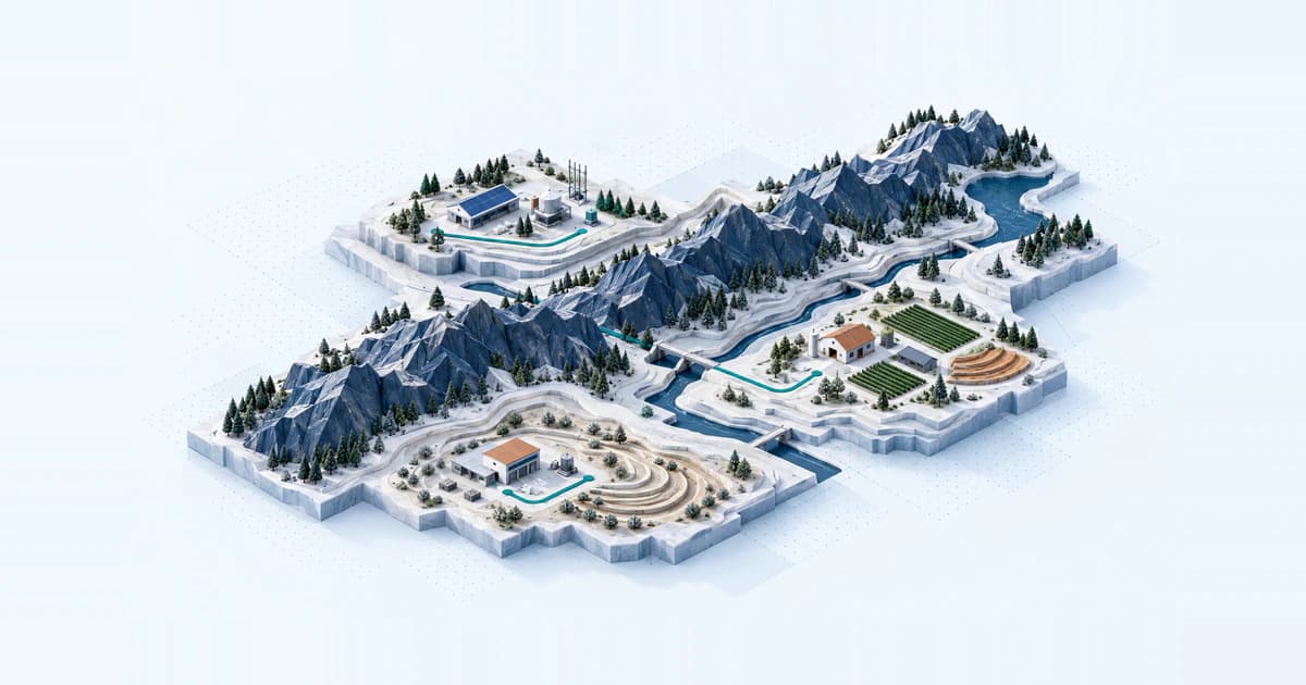 Mountain West impact-capital diorama with valley businesses, climate equipment and agricultural terraces on bounded funding paths.