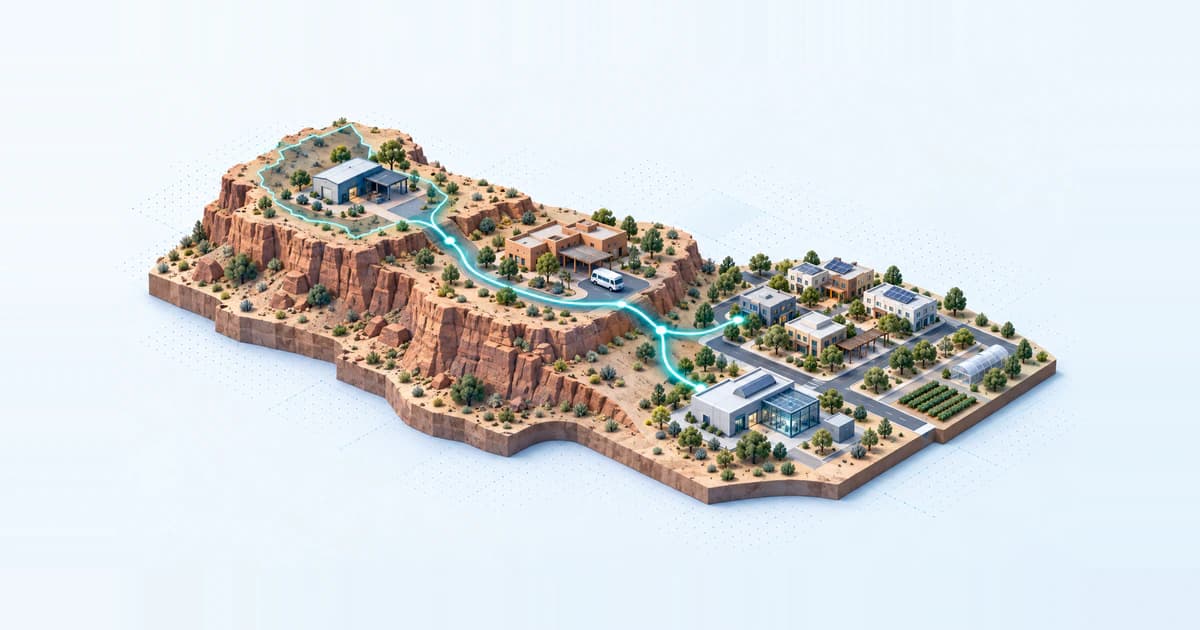 A stepped desert and plains enterprise atlas connects Southern Arizona businesses, a New Mexico health-service operator and distinct Texas/Oklahoma funding paths.