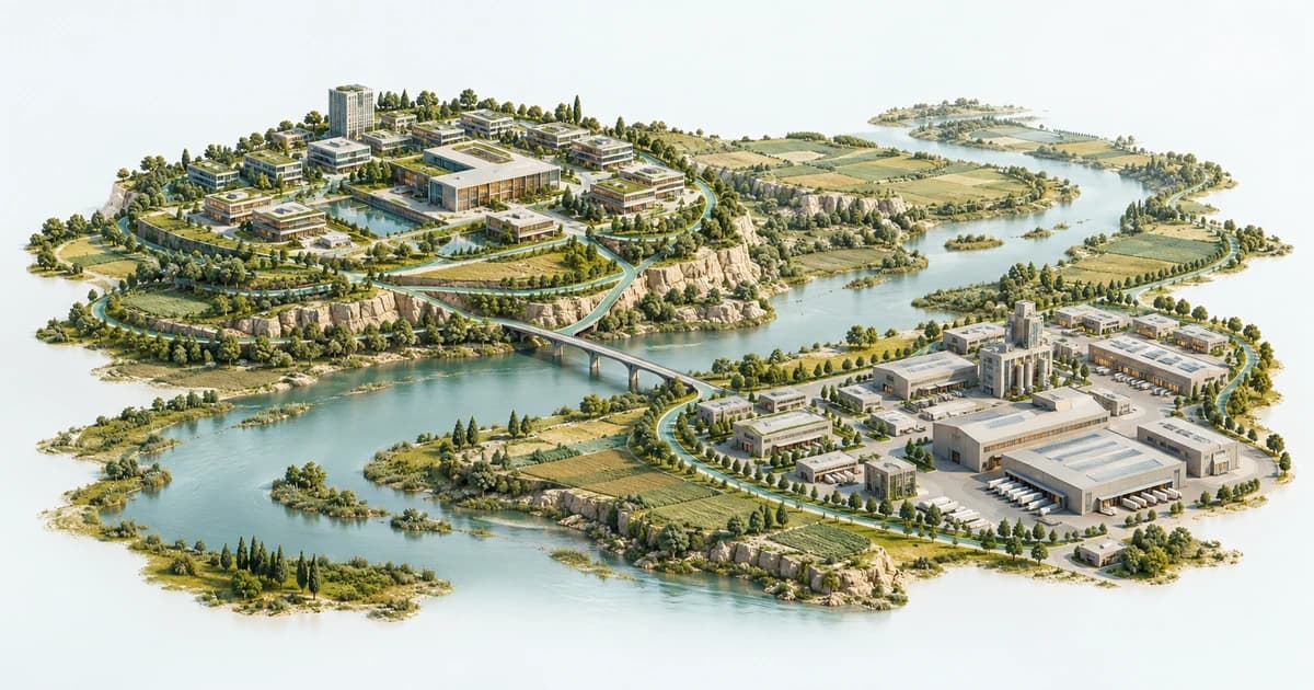 A conceptual Pakistan-inspired river plain connecting software and industrial campuses.