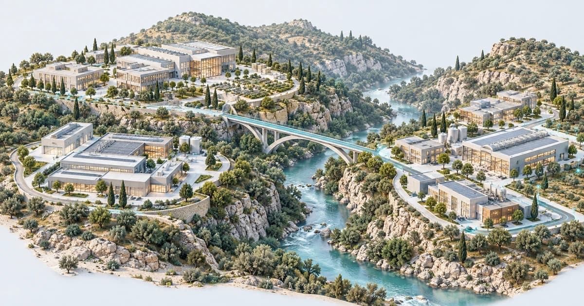 A conceptual Greece-inspired inland valley connecting engineering and research campuses.