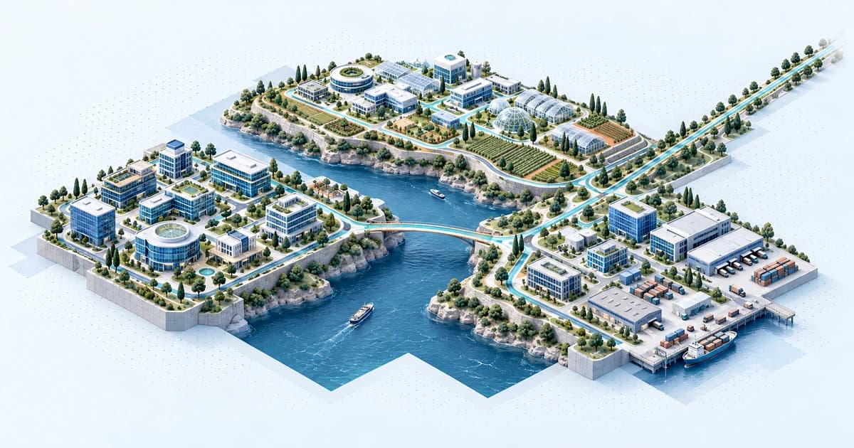 A conceptual Latin American innovation network connecting technology, life-science and logistics districts across distinct terraces.