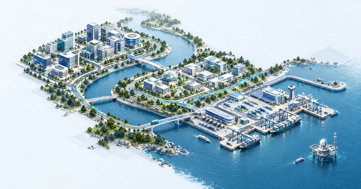 A conceptual river-to-harbor innovation network connecting software, laboratory and supply-chain campuses.