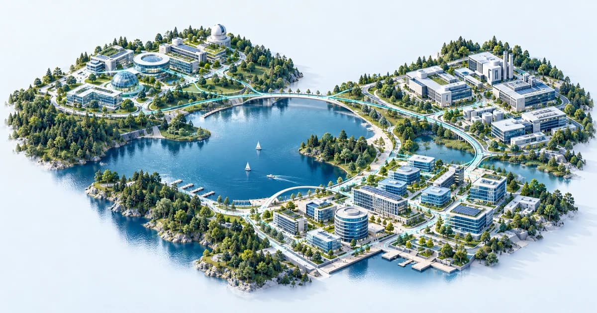 A conceptual Lithuanian-inspired lake and connected science, software and enterprise campuses.