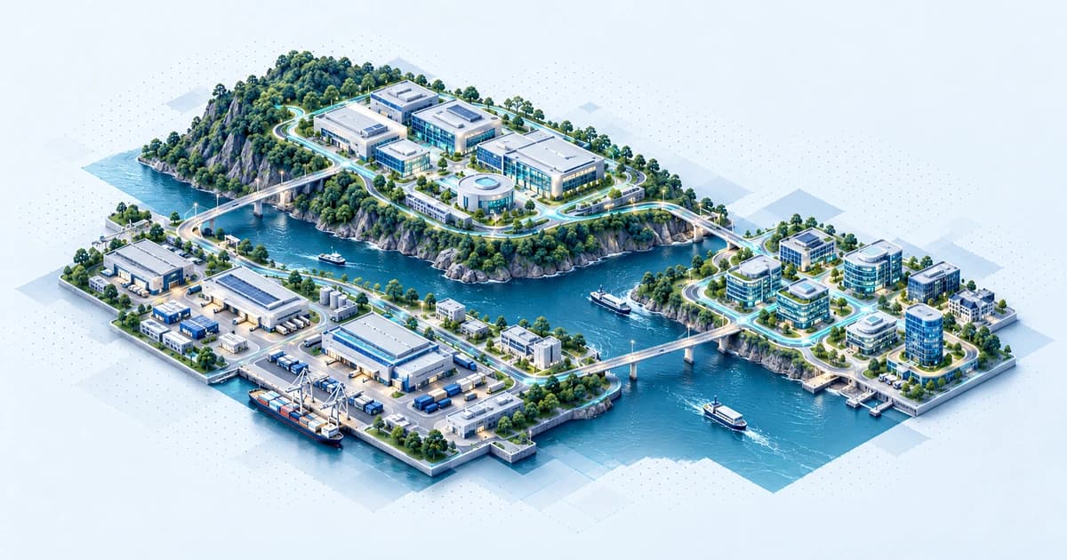 A green strait-side ecosystem connects electronics testing, supply-chain operations and enterprise workspaces through teal capital pathways.