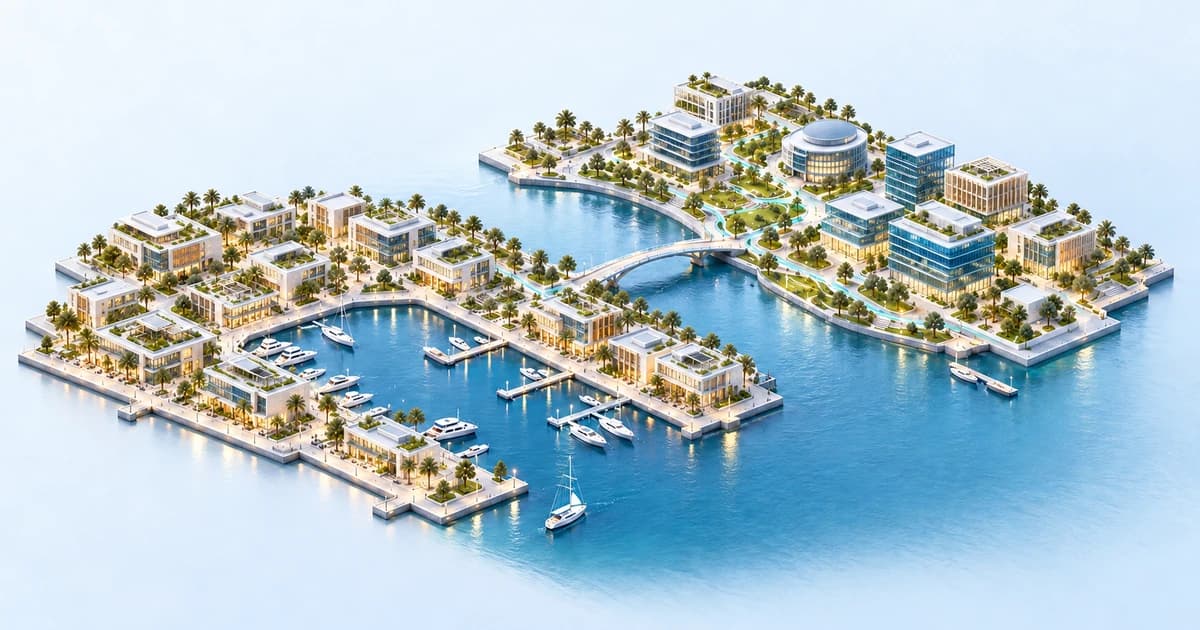A conceptual Bahraini-inspired harbor linking financial-technology and enterprise campuses.