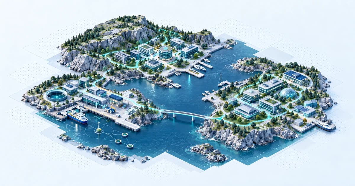 A fjord-shaped inlet connects Norwegian-inspired software, ocean-technology and climate campuses.