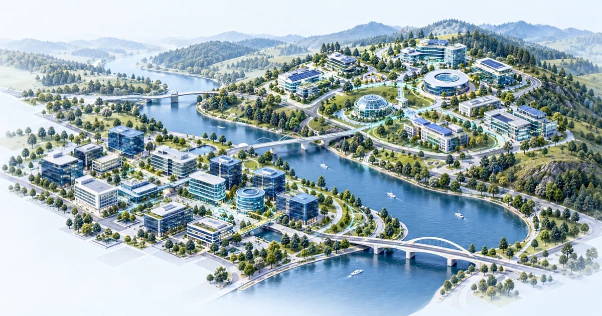 A conceptual Romanian-inspired river landscape connecting research and technology campuses.