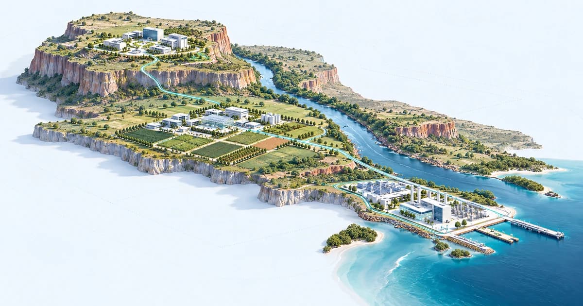 Enterprise software, connected-agriculture research and energy laboratories linked across a stepped plateau and diagonal river corridor