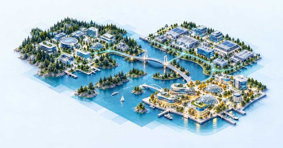 Three conceptual North American climate, technology and life-science districts connected around an inland waterway.