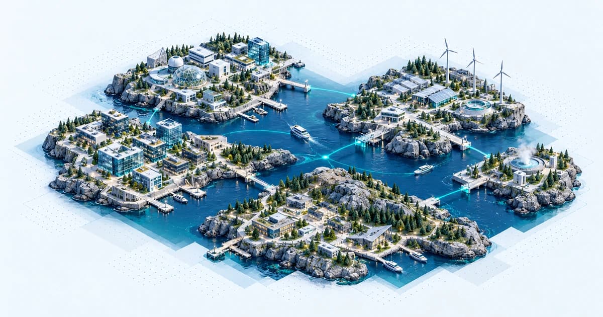 Five Nordic-inspired coastal shelves link software, science and climate infrastructure across an open sea channel.