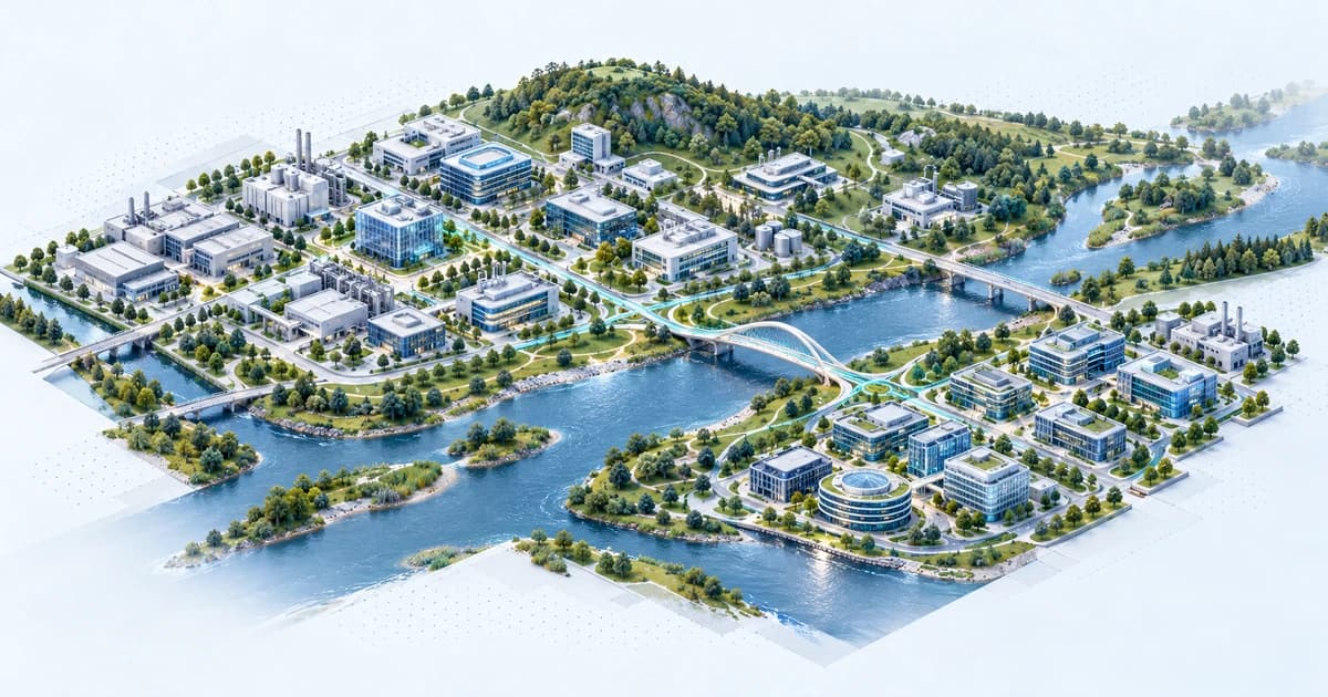A conceptual Slovak-inspired river plain connecting engineering and software campuses.