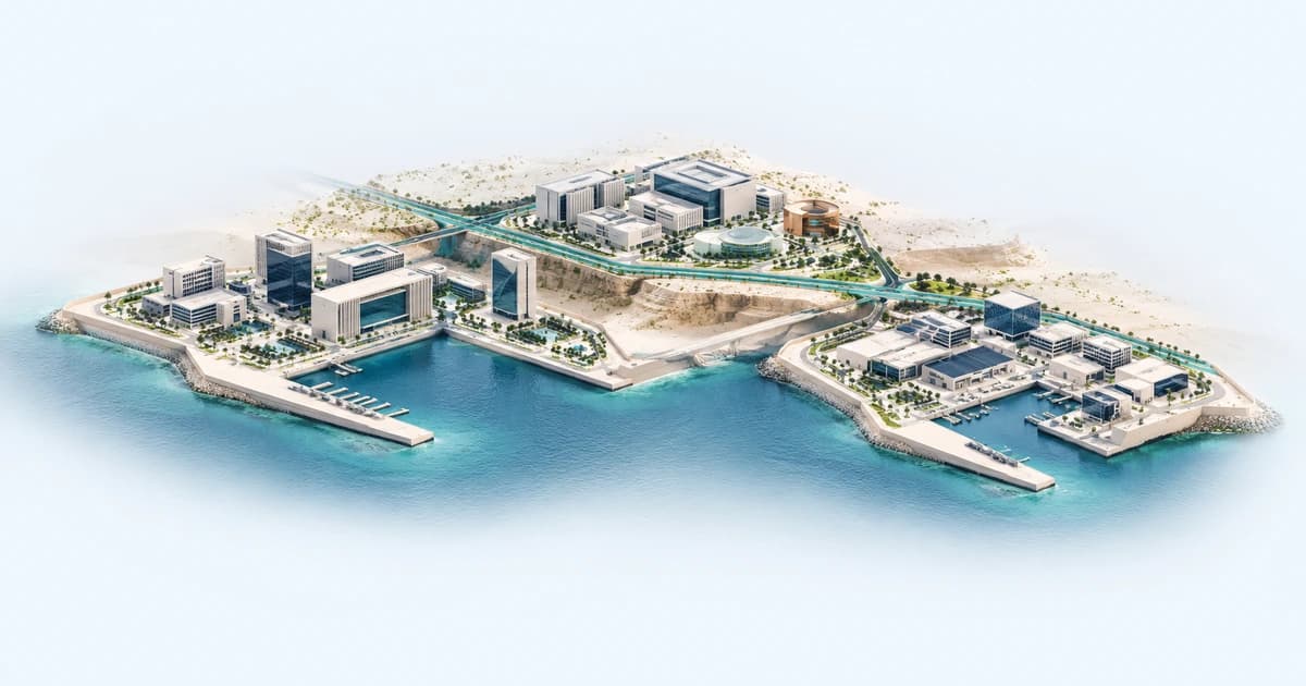 Financial infrastructure, logistics software and health-research campuses connected across a low coastal landscape with two angular inlets
