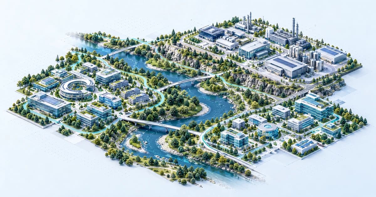 A conceptual Czech-inspired river valley linking enterprise, science and industrial campuses.