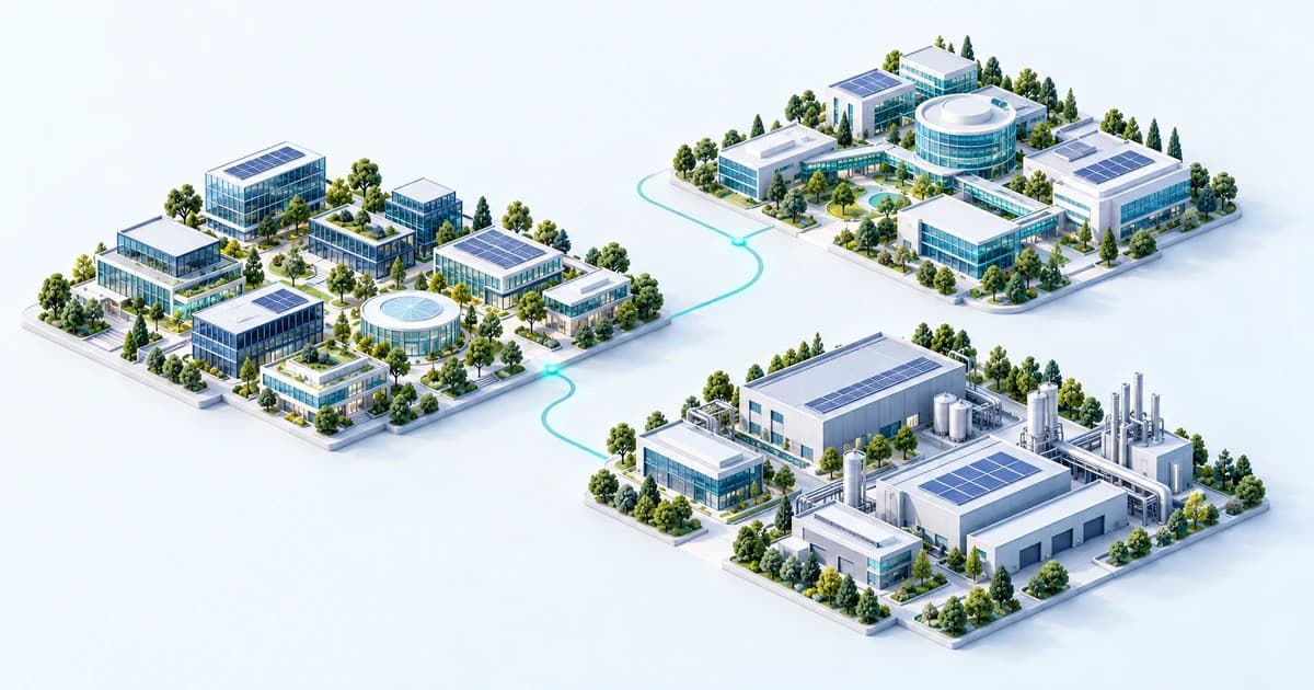 Three conceptual US innovation districts for software, healthcare and manufacturing connected by a long corridor.