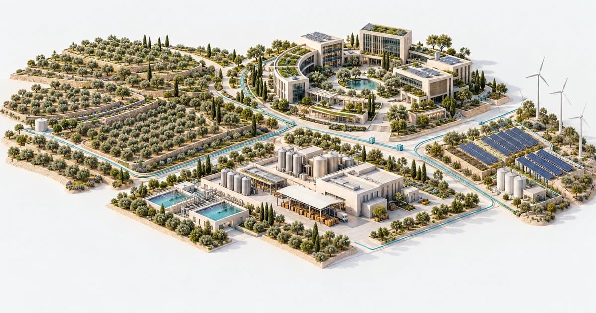 An illustrated Tunisia-inspired landscape connecting technology and food-industry workspaces.